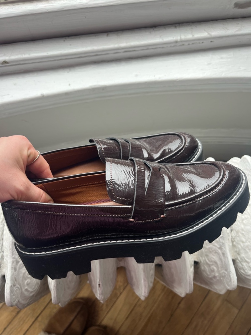Patent Leather Lug-Sole Penny Loafers - Brown/Burgundy